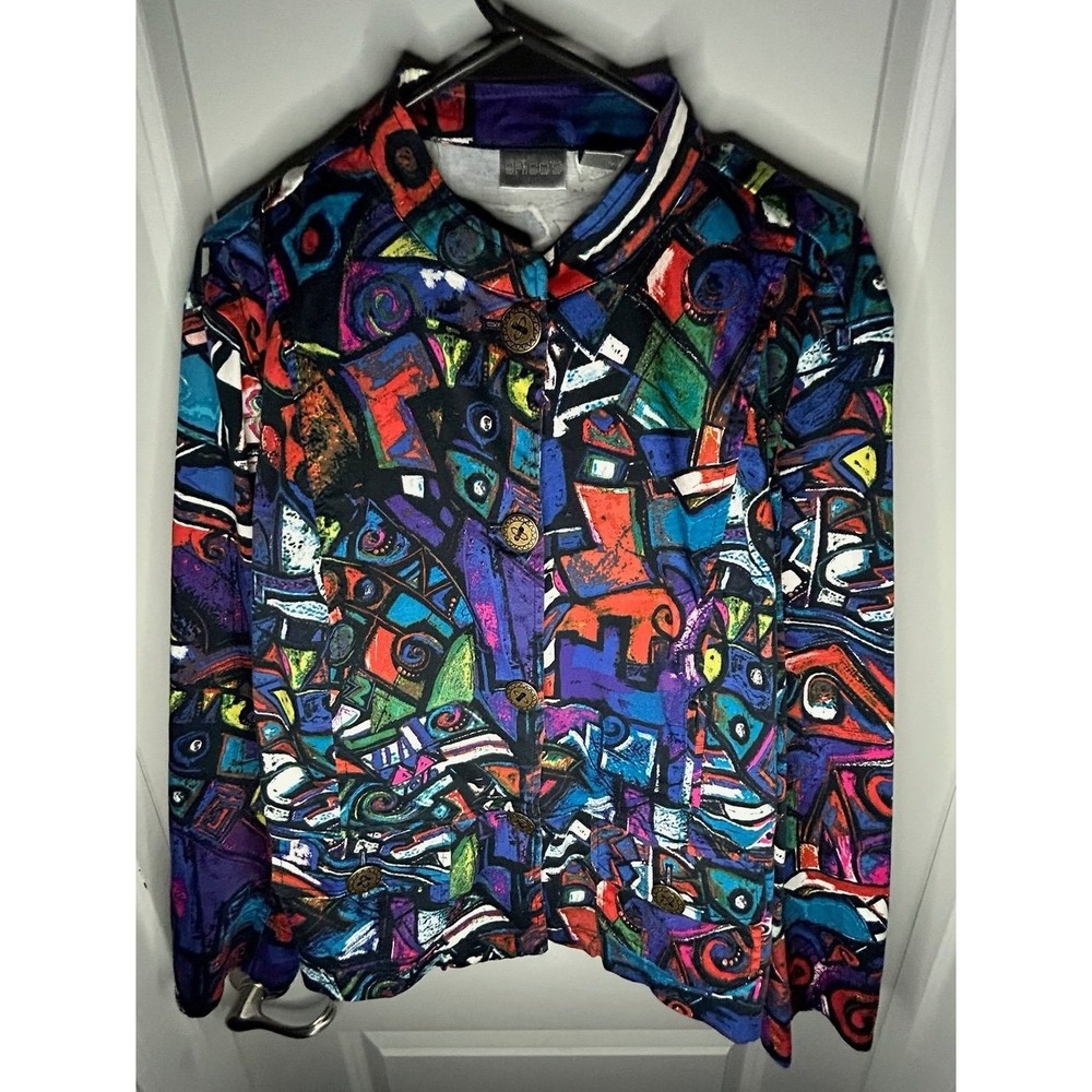 Vintage 90's Chicos Multi Color Abstract Art Pattern Long Sleeve Buttoned Jacket